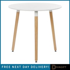 WHITE ROUND TABLE MDF DINING KITCHEN LIVING ROOM SIDE TABLE WITH BEECH WOOD LEGS
