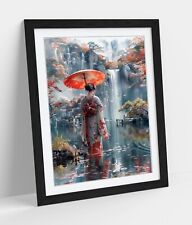 BEAUTIFUL JAPANESE GEISHA BY WATERFALL FRAMED WALL ART PICTURE POSTER PRINT