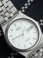 Seiko Mens SQ100 Day Date Silver White Vintage 7N43-8001 Quartz Stainless Steel