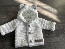 Handmade gift crochet baby  white with grey trim unisex teddy hoodie newborn