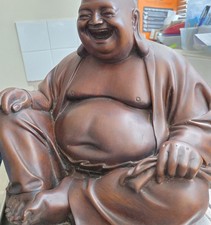 Very Large Brown Wood Grain Coloured Laughing Buddha Of Happiness Resin. 14"×13"