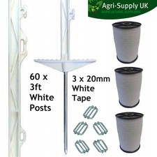 60 X 3FT POSTS & TAPE - 20mm 600m White Electric Fence