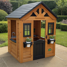 Wooden Garden Playhouse Kids Outdoor Play Cabin & Kitchen Furniture Slide Door