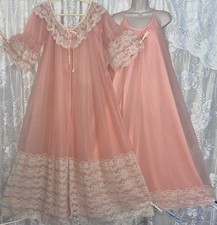 Vtg ML+Tall INTIME Peach Db Sheer Chiffon PRINCESS Peignoir Robe Nightgown SET