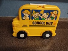 Yelllow School Bus Lunchbox/ Pencil Box w Thermos Good Condition Vintage
