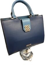 BESSIE NEW SEASONS NAVY BLUE AND LIGHT BLUE TOTE NICE FIRM QUALITY BAG WITH FLAP