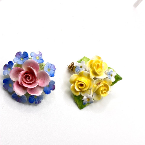 Bone china floral - brooch, gold