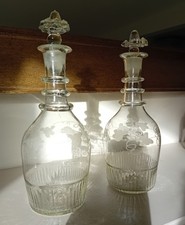 Pair of Antique Early 1800s /C 19th Century Glass Decanters Vine Leaf Decoration