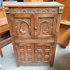 Antique Monastic Carved Oak Drinks Wine Cabinet Rupert Griffiths Style