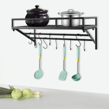 Kitchen Wall Mounted Storage Shelf Cookware Pan Pot Organizer Rack with 10 Hooks