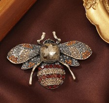 Vintage Style Rhinestone bumble bee bug insect brooch IN A GIFT POUCH -BROWN