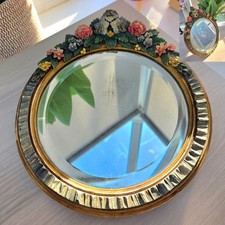 Vintage Barbola-Style Floral Vanity Mirror Hand-Painted Round Table Mirror - 11"