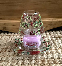 Yankee Candle Glass Christmas Mistletoe Holly Bow Design Small Jar Shade & Plate