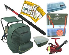 COMPLETE JUNIOR BEGINNERS FISHING KIT SET ROD REEL TACKLE FISHING SEAT RUCK SACK