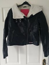 Women's Superdry Black Leather Jacket Fur Lining Size Large