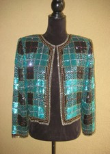 Vintage Mark & John silk turquoise sequin/bead squares shoulder pads jacket M