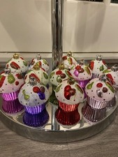 12 Cupcake Baubles~Shatterproof~Multi-Colour~Cup-Cake~Christmas Tree Decorations