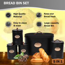 5pc Kitchen Set Bread Bin Tea Coffee Sugar Tins Biscuit Barrel Sealed Containers