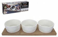 3 CERAMIC SNACK DISHES DIP NIBBLE TAPAS BOWLS ON BAMBOO SERVING BOARD TRAY