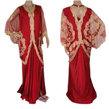 Arabian Red Gold Long Kaftan Floral Embroidered Sheer Sleeve Evening Gala Modest