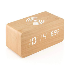 2 in 1 Wooden Wireless Charging Digital Alarm LED Clock Time Date Temperature De