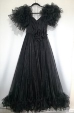 Vintage John Charles Ruched Voile Satin Layered Black Ball Gown Maxi Dress UK 12