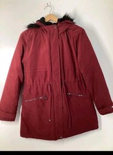 Primark Womens Red Faux Fur Hooded Parka Jacket Coat Size L 14-16 Warm