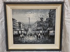Vintage Paris Street Scene – Original Oil Painting on Canvas – Eiffel Tower View