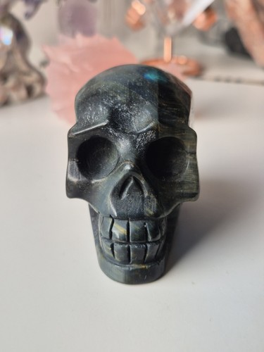 Blue tigers eye skull carving - tigers,