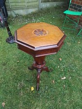 Antique Victorian sewing work table, trumpet shaped, octagonal, divided interior