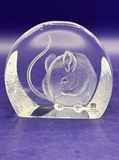 Mats Jonasson Crystal Mouse Etched Paperweight Art Glass MJ Sweden Signed 2008