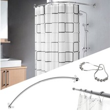 EXTENSIBLE CURVED SHAPE S/S STEEL SHOWER CURTAIN ROD RAIL AND 12 FREE RING HOOKS