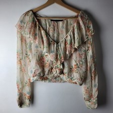 Zara Women Size S Cream Sheer Floral Frill Cropped Blouse Casual Party Summer