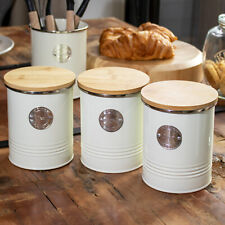 Typhoon Cream Metal Tea Coffee Sugar Kitchen Storage Canisters Set Wood Lids