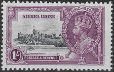SIERRA LEONE 1935. 1/- SILVER JUBILEE WITH SHORT EXTRA FLAGSTAFF. SG.184b.(A623)