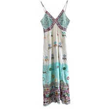 Rene Derhy Dress Cotton Floral Beaded Embellished Summer Holiday Boho Ibiza 