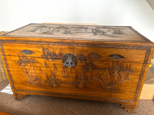 Carved camphor wooden chest - carved,