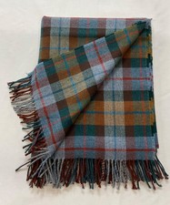 PURE WOOL Fringed Throw/Blanket/UK WOVEN. Green/ Blue /Multi Check, Free P+P