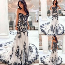 Black and White Gothic Wedding Dresses Strapless Mermaid Sweep Train Bridal Gown