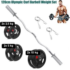 120cm Olympic EZ Curl Bar & Rubber Standard Weight Plates Tri-grip Barbell Plate