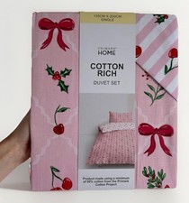 Primark Pink Bow & Cherry Christmas Single Duvet Set Bedding - Brand New