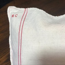 Vintage FRENCH LINEN CUSHION COVER (ex Sheet) BUTTON CLOSURE initial MC 55x49mm