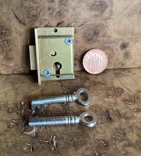 Vintage Antique Brass Small Cabinet Door Lock L/ Hand 39mm X 27mm X 11m + 2 Keys