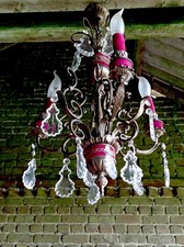 ANTIQUE VNTAGE FRENCH CHANDELIER RED VELVET  & CRYSTAL CHANDELIER