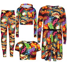Kids Girls Wow Bang Boom Hooded Crop Top Skater Dress T Shirt Legging 7-13 Year