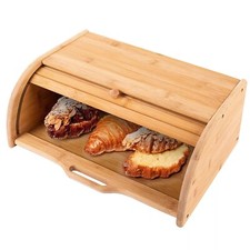 Large Bamboo Bread Bin Wooden Roll Top Wraps Buns Kitchen Food Storage Breakfast