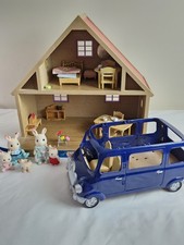 Vintage Sylvanian Families Red Roof House Chocolate Rabbit Family & Accessories.