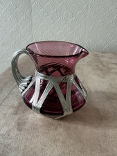 Vintage Cranberry Glass Cream Jug Overlaid With Silver Body & Handle Hallmarked