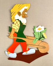 1950s Mertens Art Wheelbarrow Gardener 22cm Decorative Figure Vintage Fairy Wood Picture Excellent