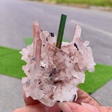 88G Natural Green tourmaline with quartz crystal cluster mineral specimen